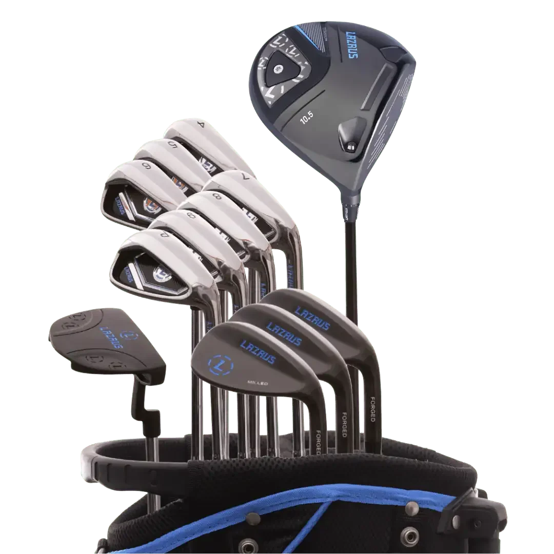 Lazrus 13-piece golf club set including driver, irons, wedges, putter in black and blue golf bag