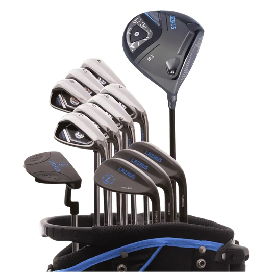 Lazrus 13-piece golf club set including driver, irons, wedges, putter in black and blue golf bag