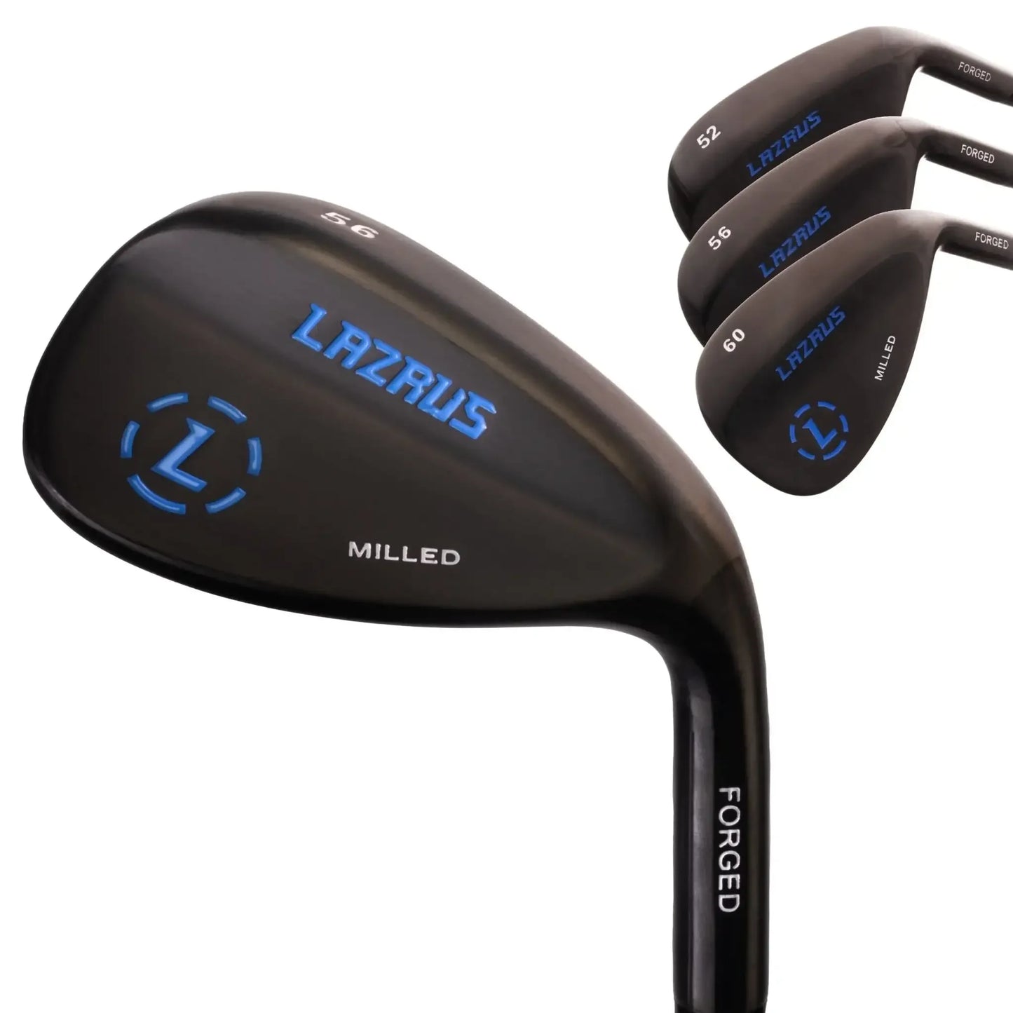 Set of black Lazrus forged milled golf wedges with blue branding and loft numbers 52, 56, and 60