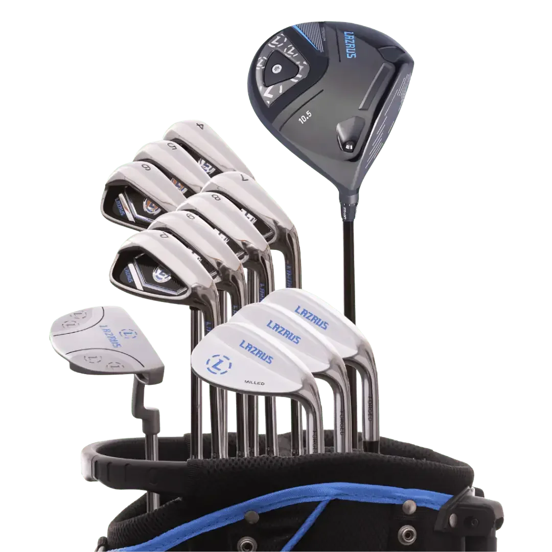 Lazrus 13-piece golf club set with driver, irons, wedges, putter in blue and black bag