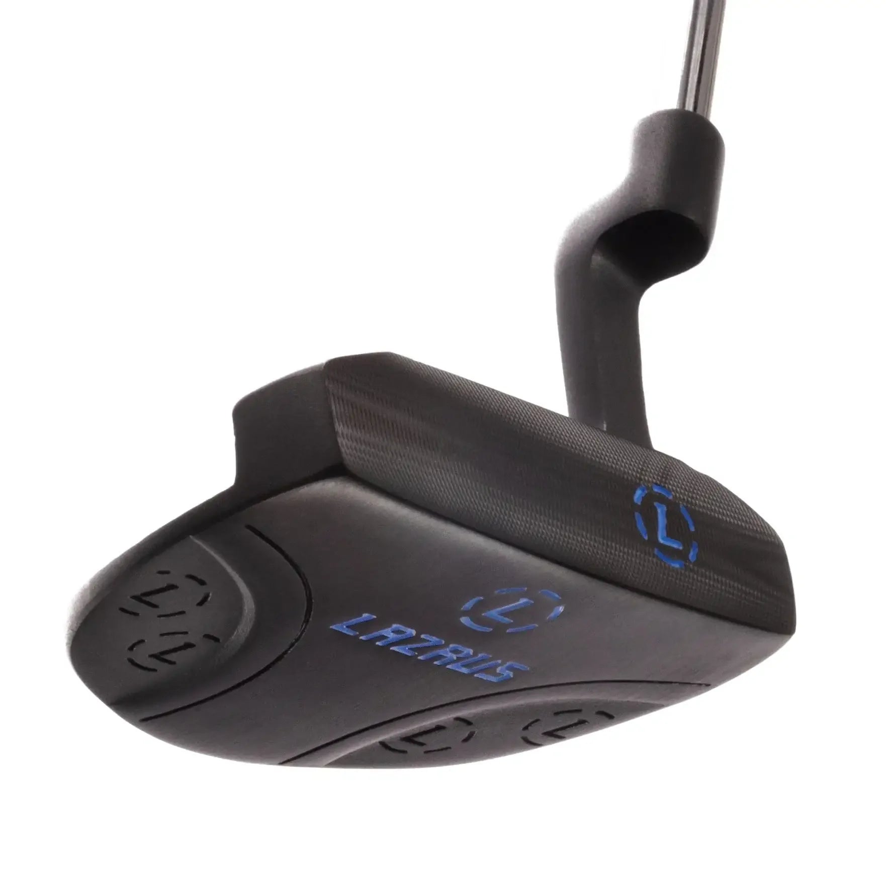 Close-up of Lazrus black golf putter head with blue logo and textured grip