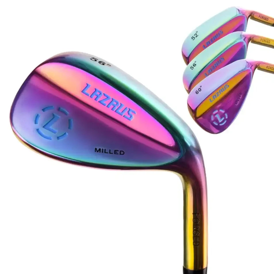 Lazrus forged milled golf wedges with 52°, 56°, and 60° lofts in iridescent finish