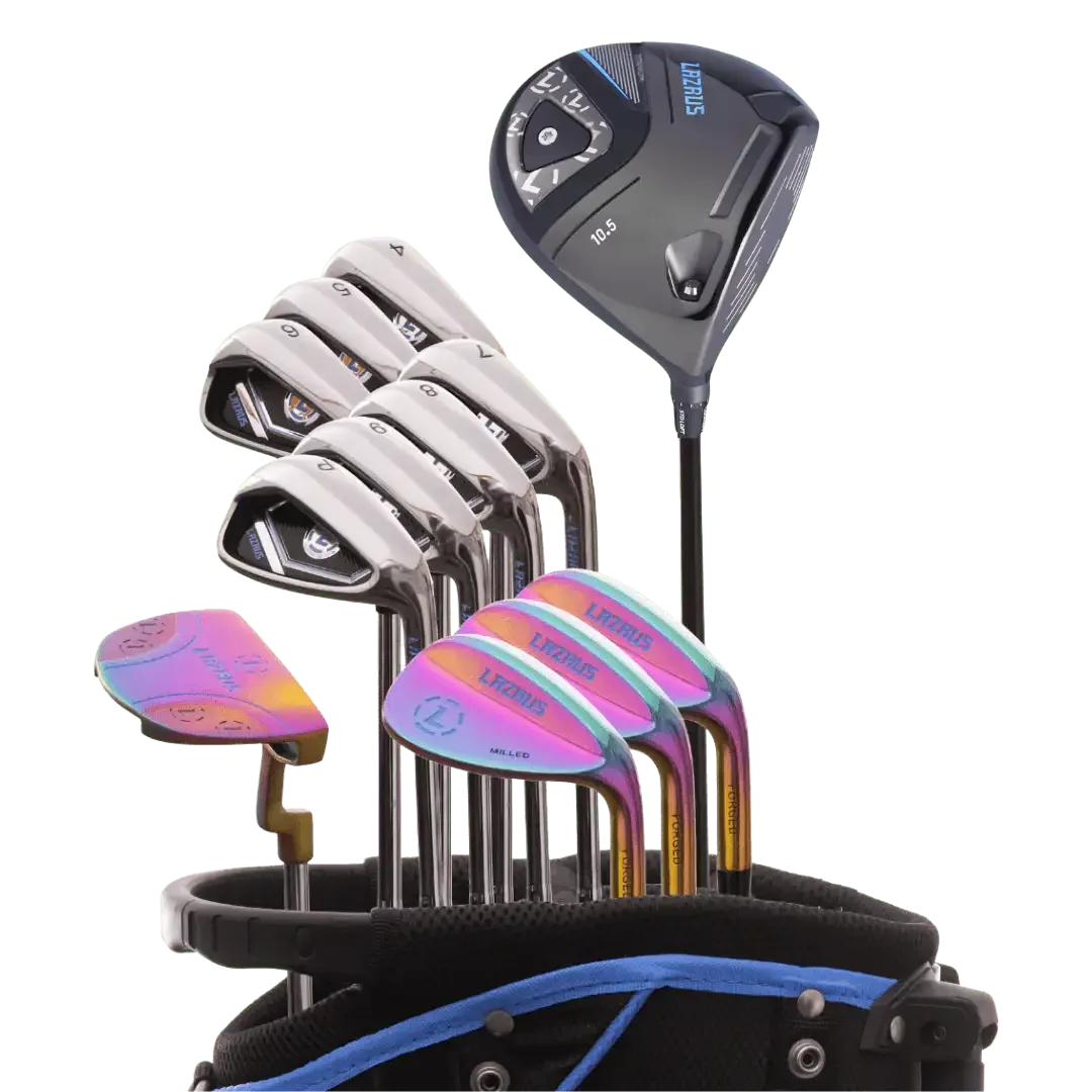 Lazrus golf 13-piece set including driver, irons, multicolor wedges and putter in black-blue golf bag