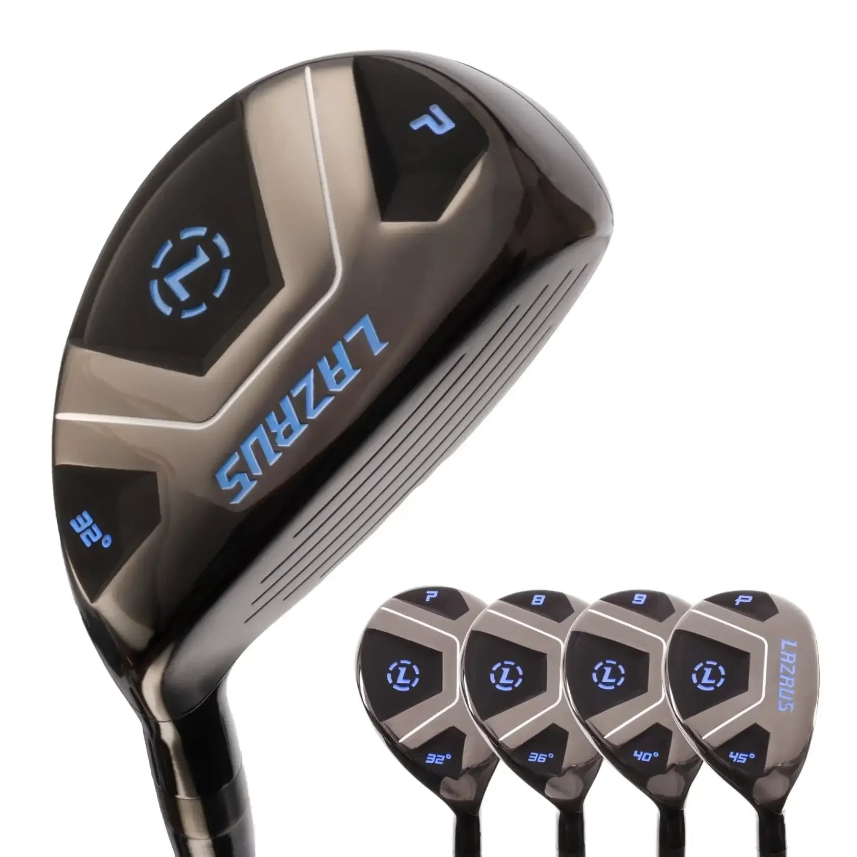 Set of black Lazrus golf hybrids including 7, 8, 9, and pitching wedge with blue accents