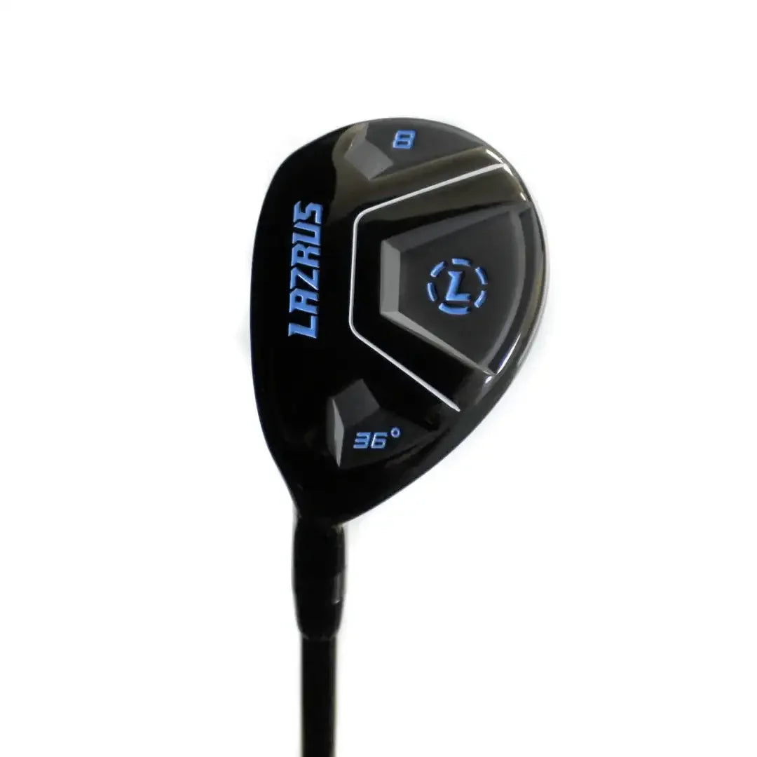 Lazrus black 36-degree 8-hybrid golf club with blue logo and white accent lines