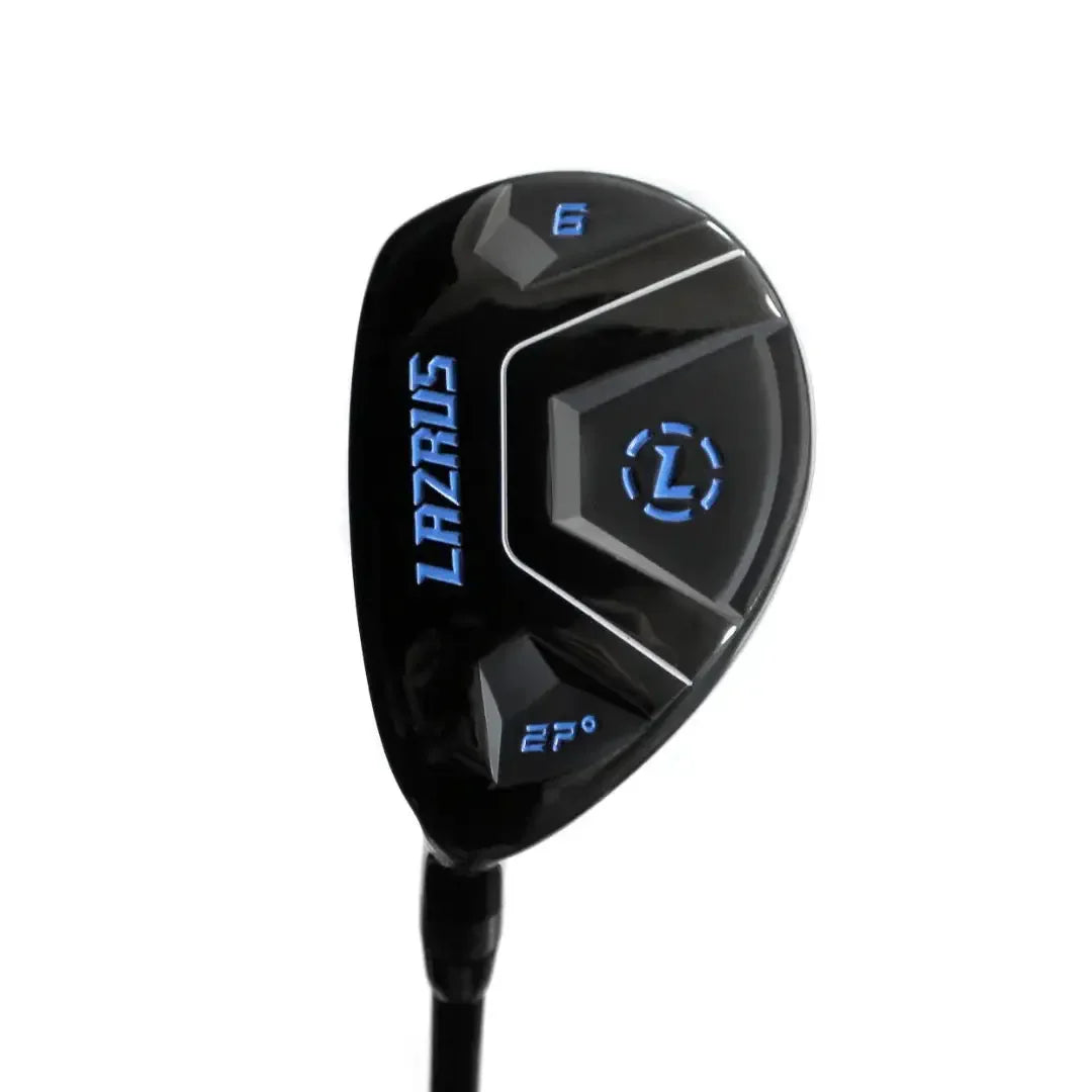 Lazrus black 6 hybrid golf club with 27° loft and blue logo on white background