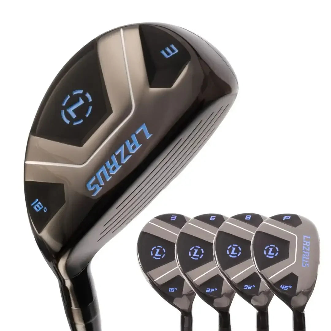 Lazrus black golf hybrids set with blue accents, clubs labeled 3, 6, 8, and P, angled shot