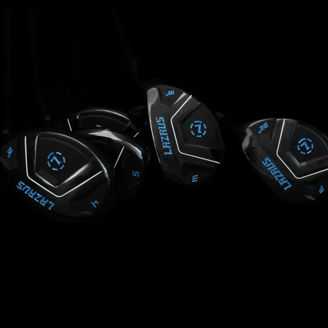 Set of black Lazrus hybrid golf clubs with blue branding and numbers on a black background