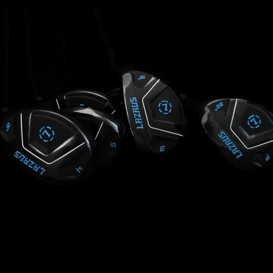 Set of black Lazrus hybrid golf clubs with blue branding and numbers on a black background
