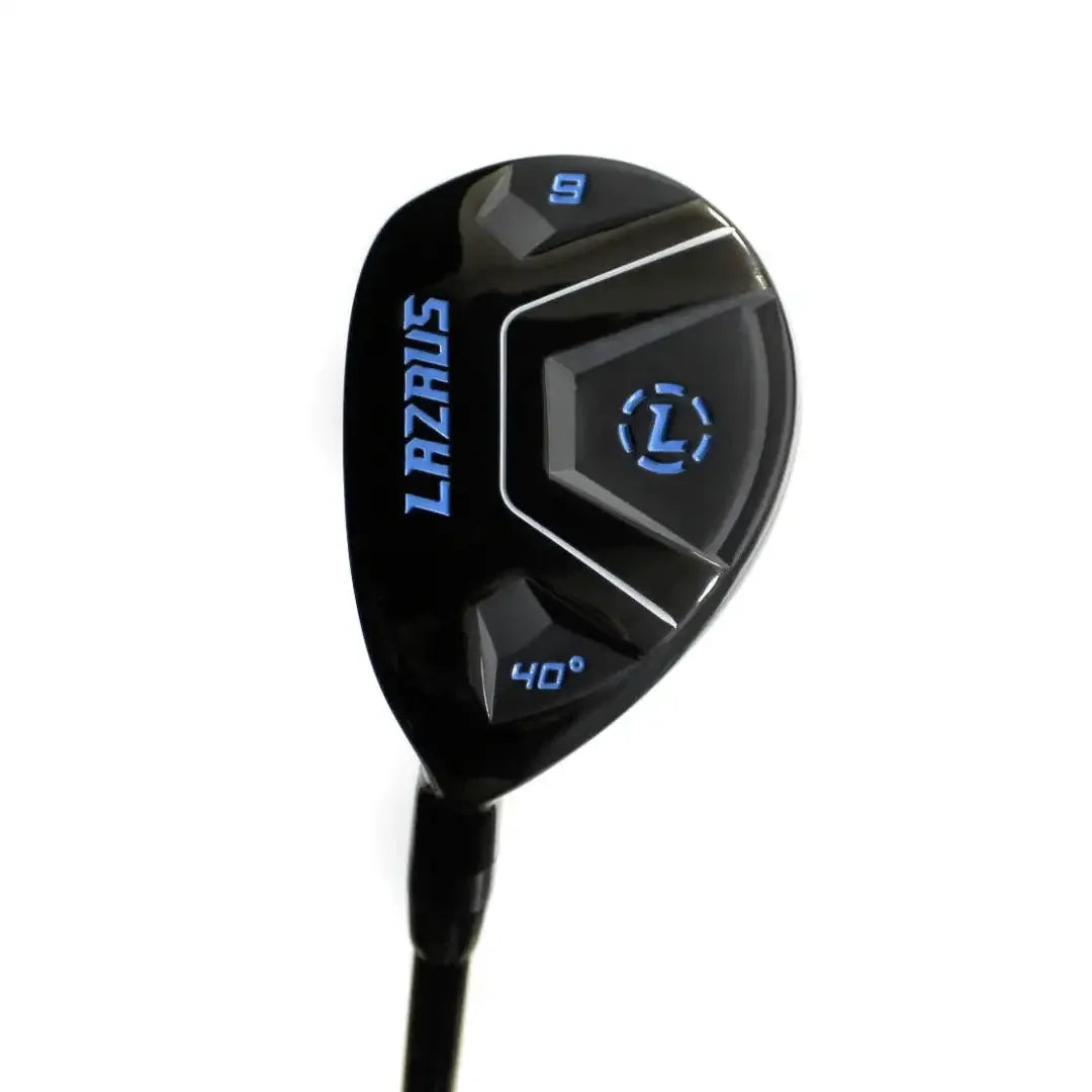 Black Lazrus hybrid golf club with blue accents, 9 and 40-degree markings on clubhead