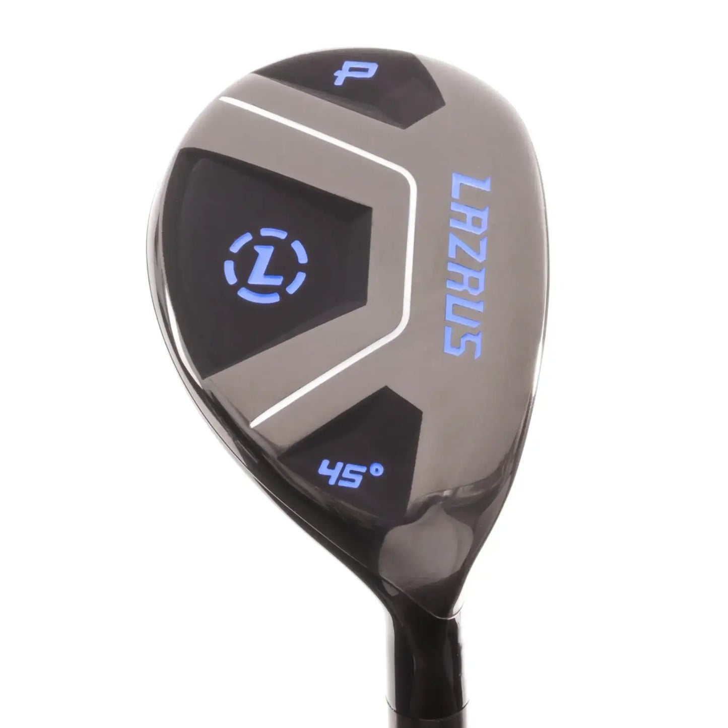 Lazrus 45° hybrid golf club head in black with blue logo and markings
