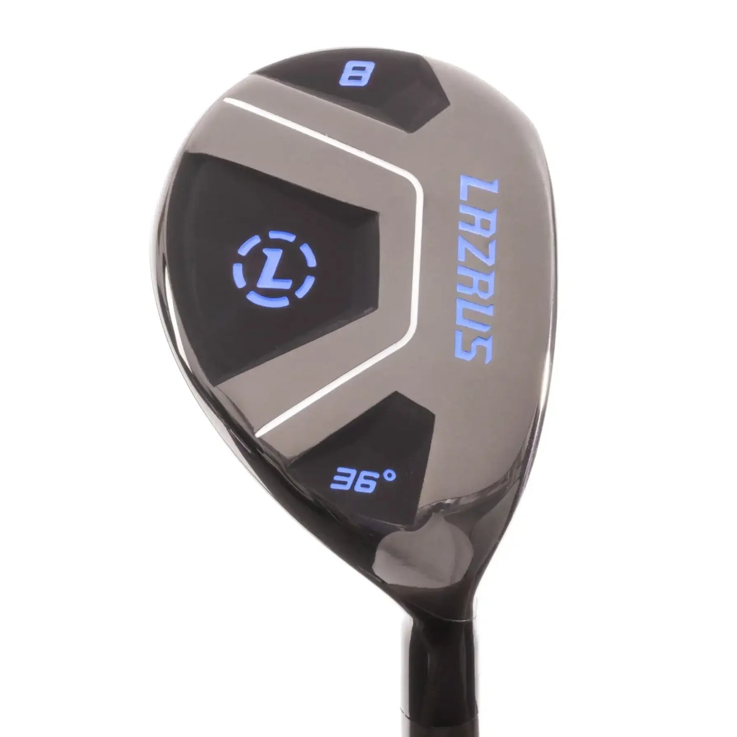 Black Lazrus 2025 golf hybrid club with 36° loft and blue branding, number 8 on club head