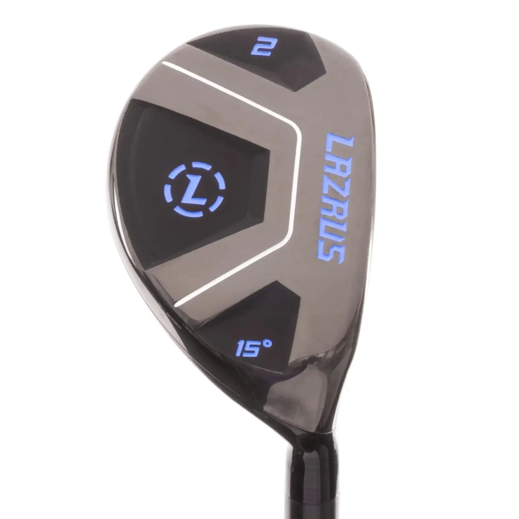 Black Lazrus 2 hybrid golf club with 15-degree loft, blue accents on club head