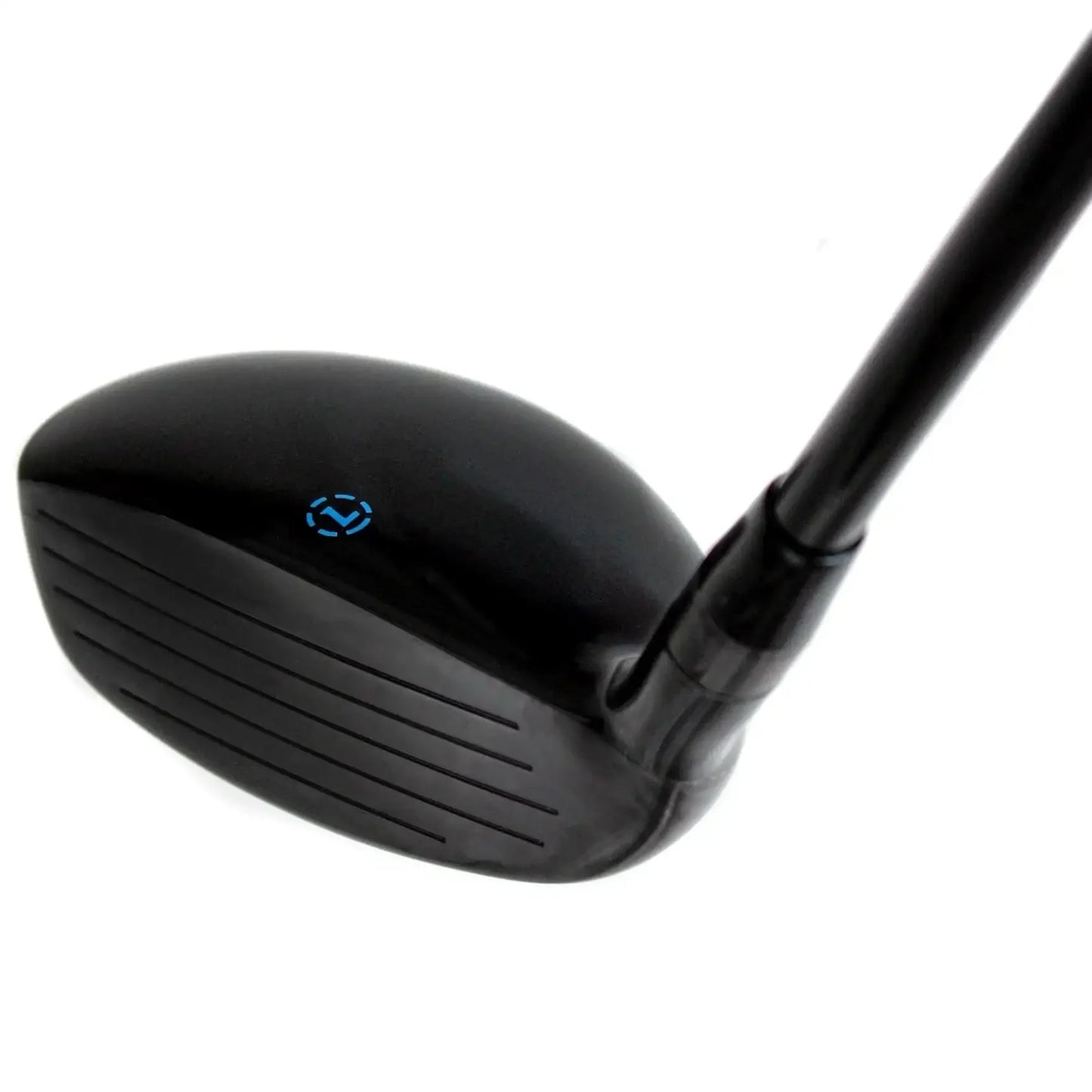 Black golf hybrid club head with grooves and small blue logo on top