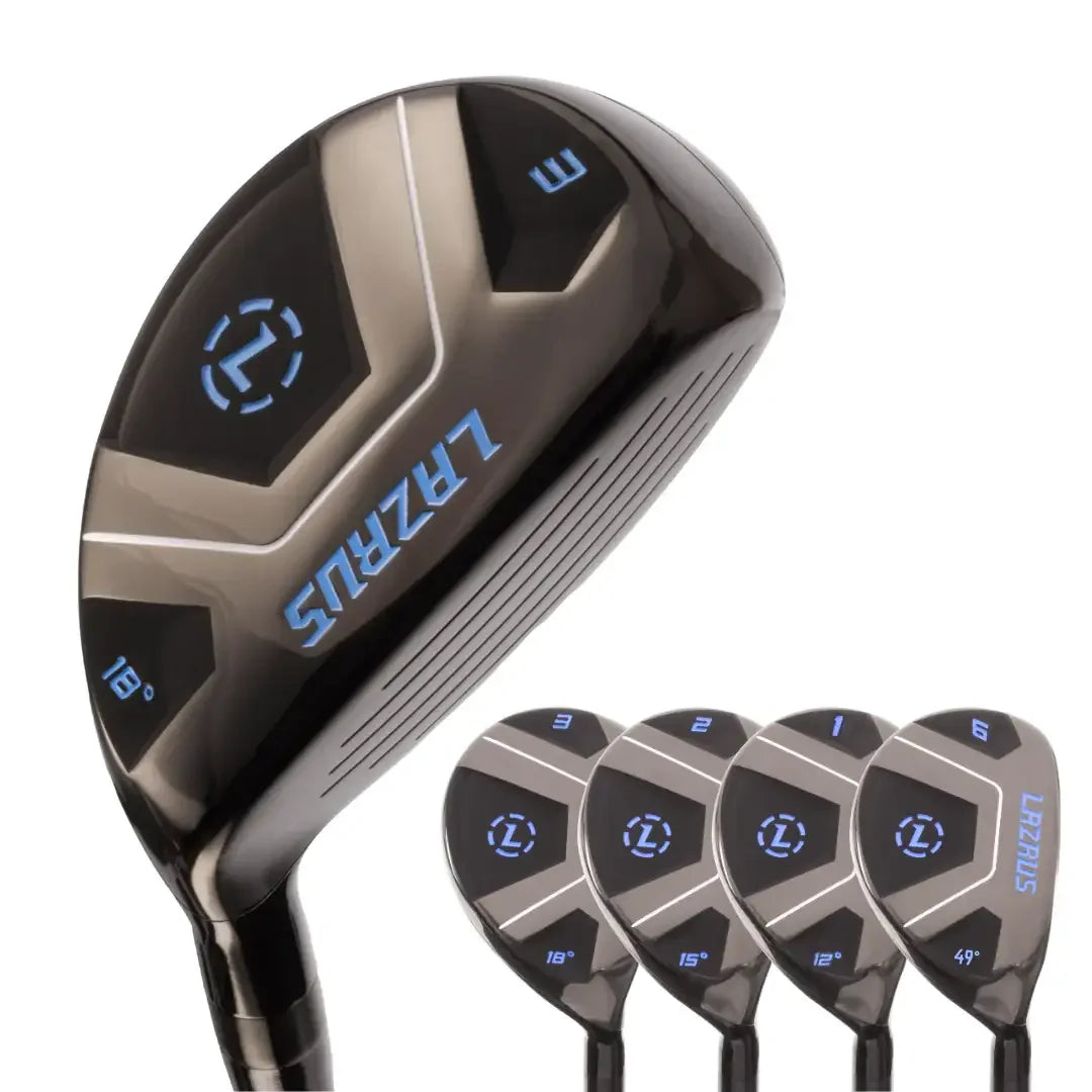 Set of black and gray Lazrus golf hybrid clubs with blue lettering and loft numbers on white background