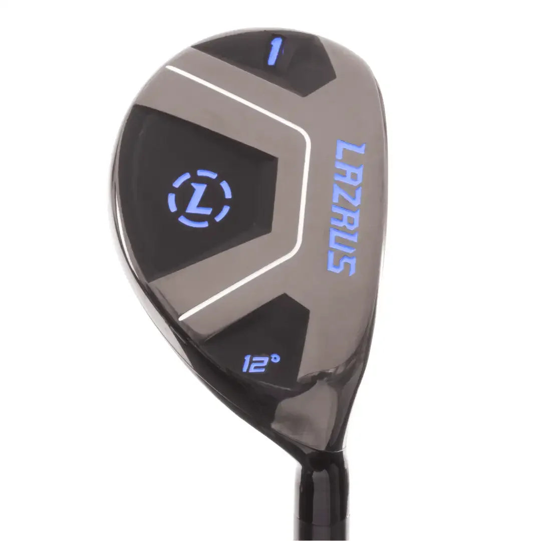 Lazrus 12-degree 1-hybrid black golf club head with blue logo and white accents