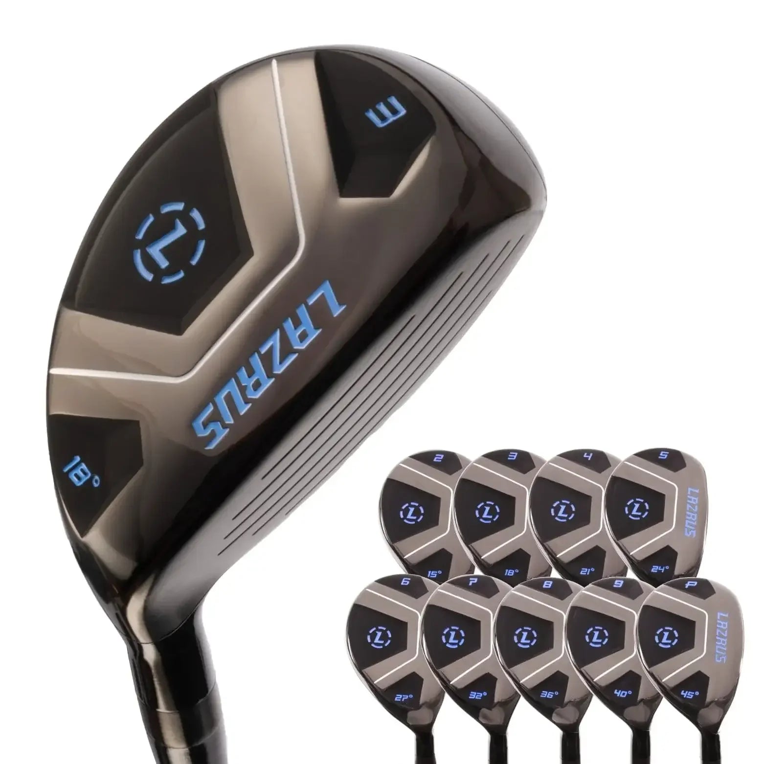 Set of Lazrus black hybrid golf clubs with blue logo and degree markings, close-up on 18° club
