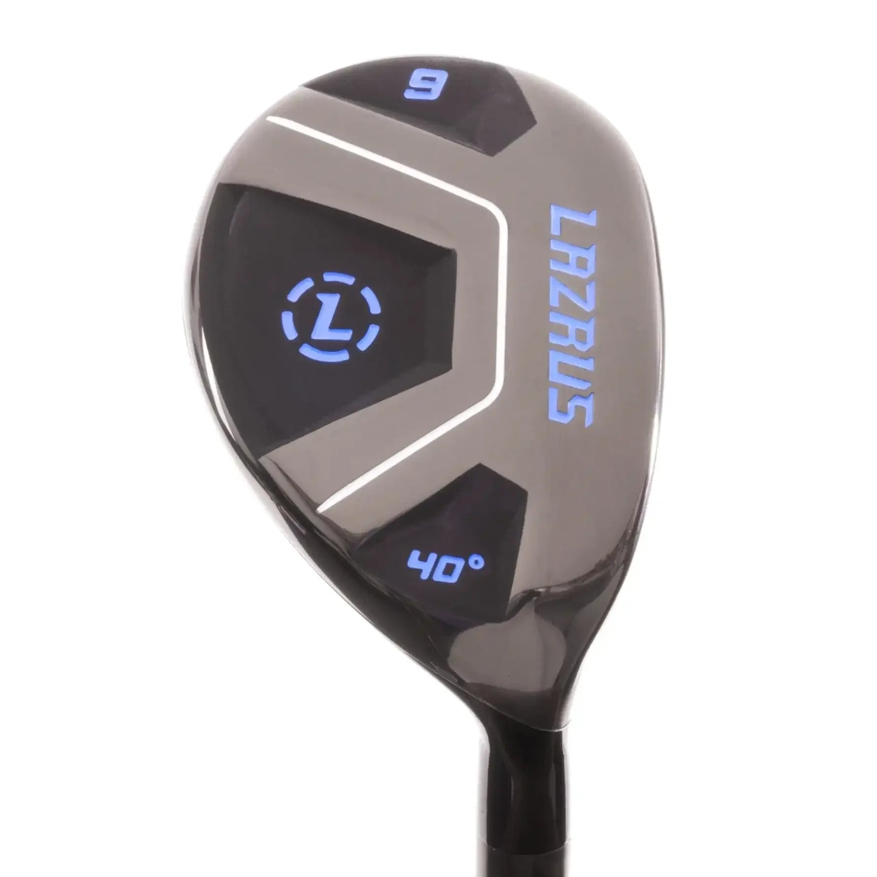 Black Lazrus 2025 golf hybrid club head with blue 'LAZRUS' branding and 40° loft angle