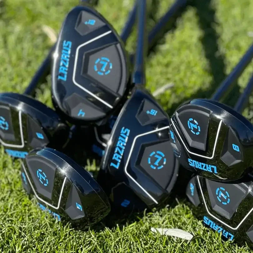 Set of Lazrus black hybrid golf clubs with blue branding on green grass