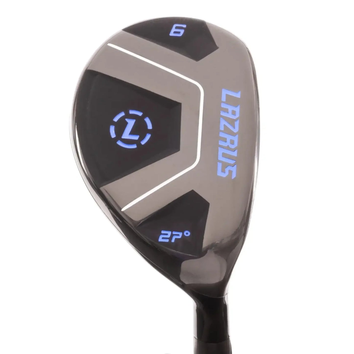 Top view of Lazrus black hybrid golf club with 6 and 27° loft markings