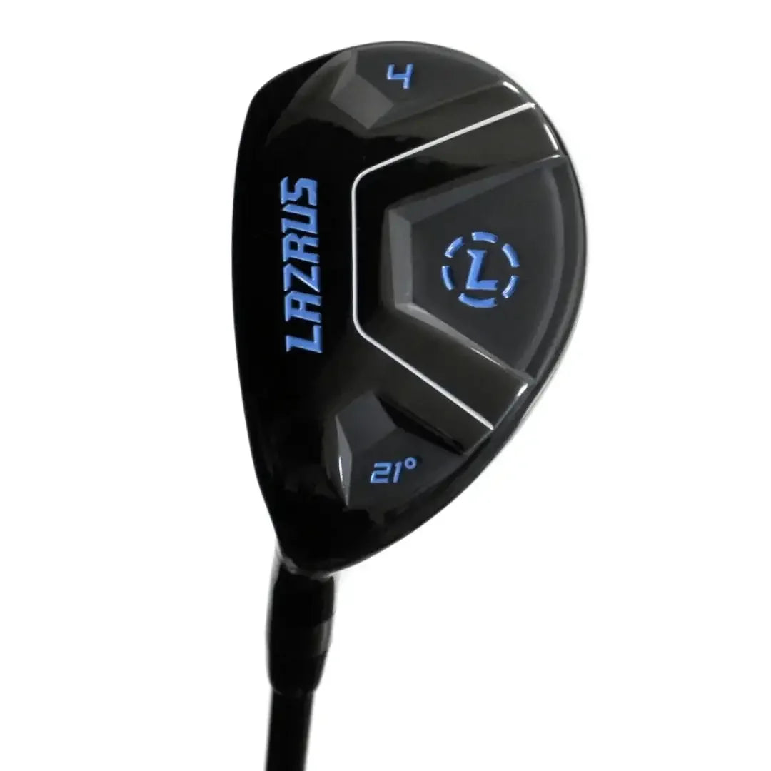 Lazrus black hybrid golf club head with blue logo and 21-degree loft, model 4