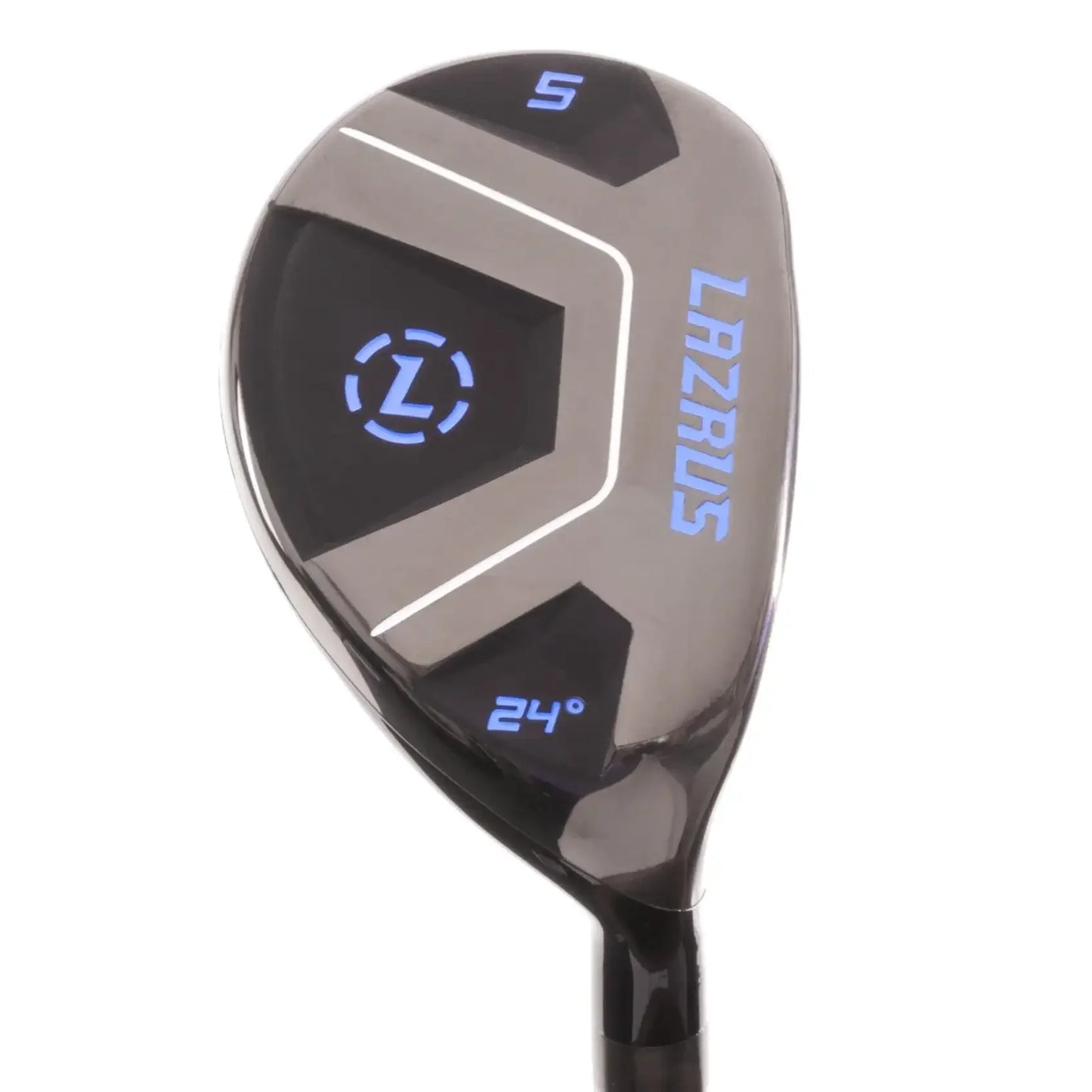 Lazrus 5 hybrid golf club with 24 degree loft, black with blue and white accents