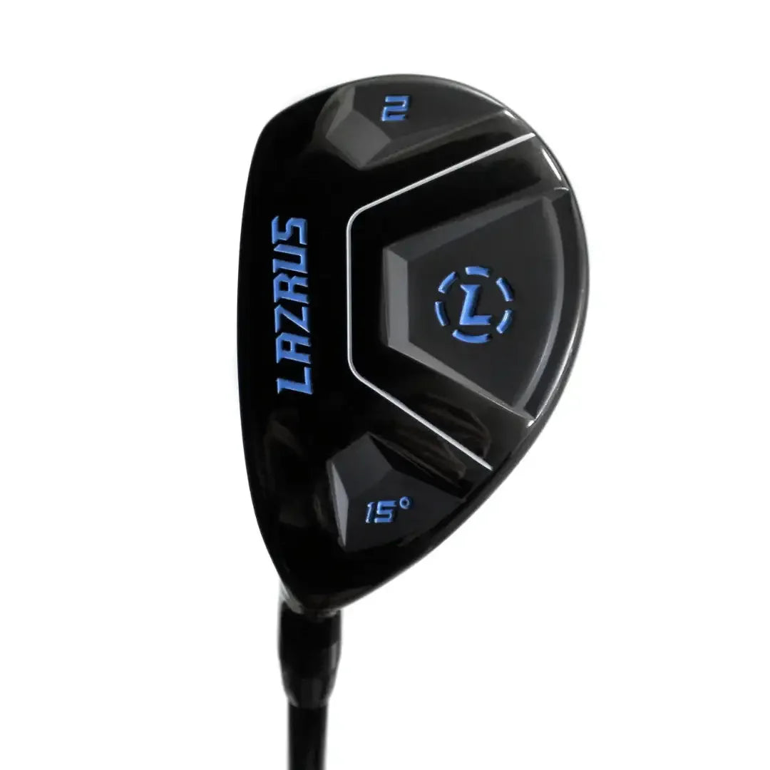 Lazrus black hybrid golf club with 15-degree loft and blue lettering on head