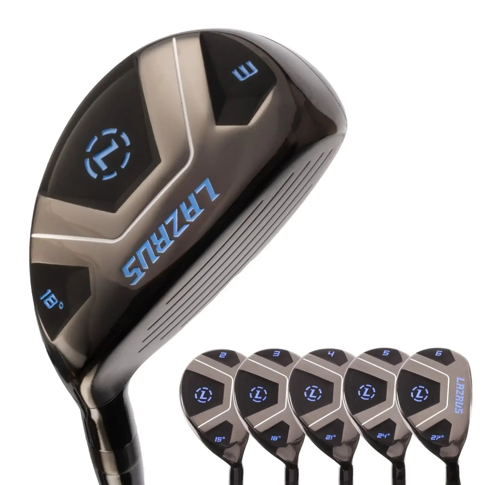 Lazrus 2025 hybrid golf clubs set with black and gray club heads, blue branding, various lofts