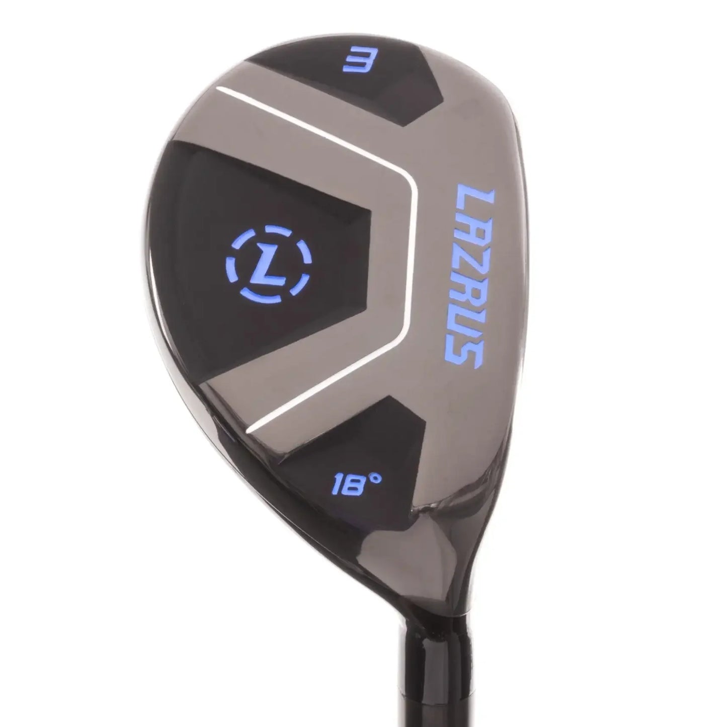 Lazrus 18° black 3 hybrid golf club head with blue branding and design accents