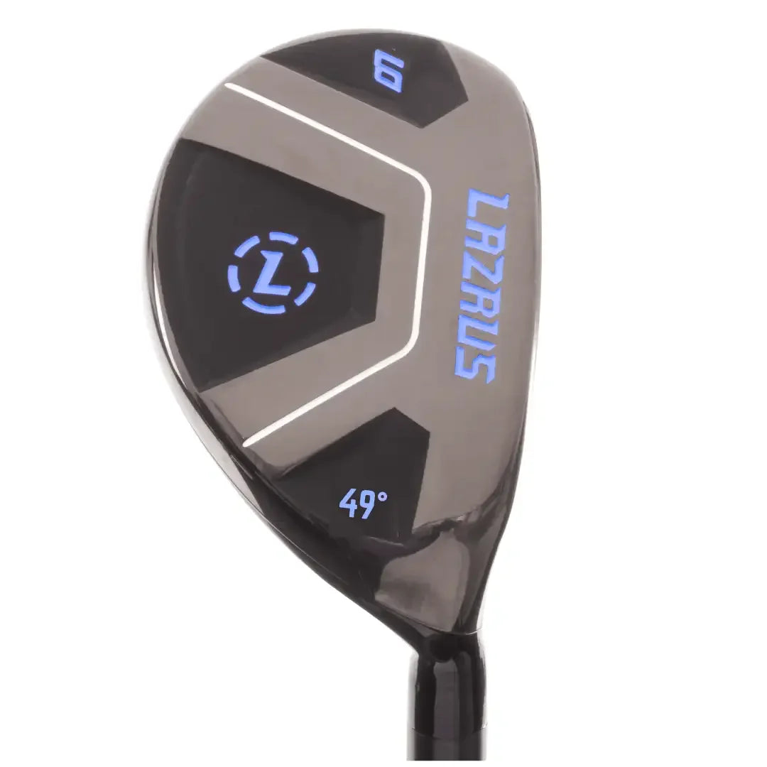 Lazrus black hybrid golf club head with 9 and 49° markings, blue accents and white lines