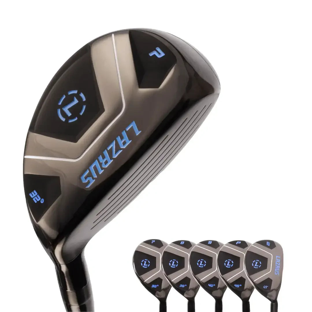 Set of Lazrus 2025 black hybrid golf clubs with blue accents, loft angles from 32° to 49°