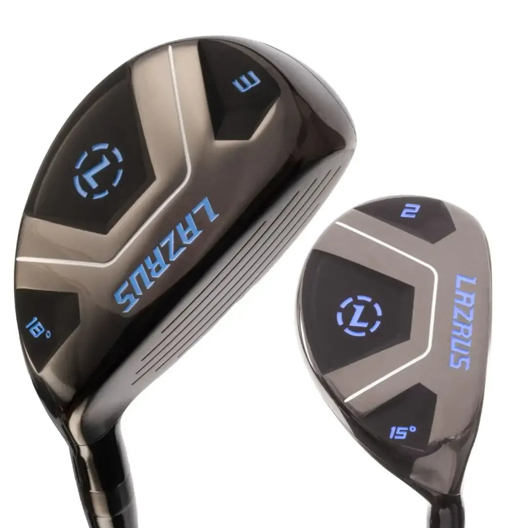Black and gray Lazrus golf hybrid clubs with blue lettering, 3 wood 18° and 2 wood 15° loft