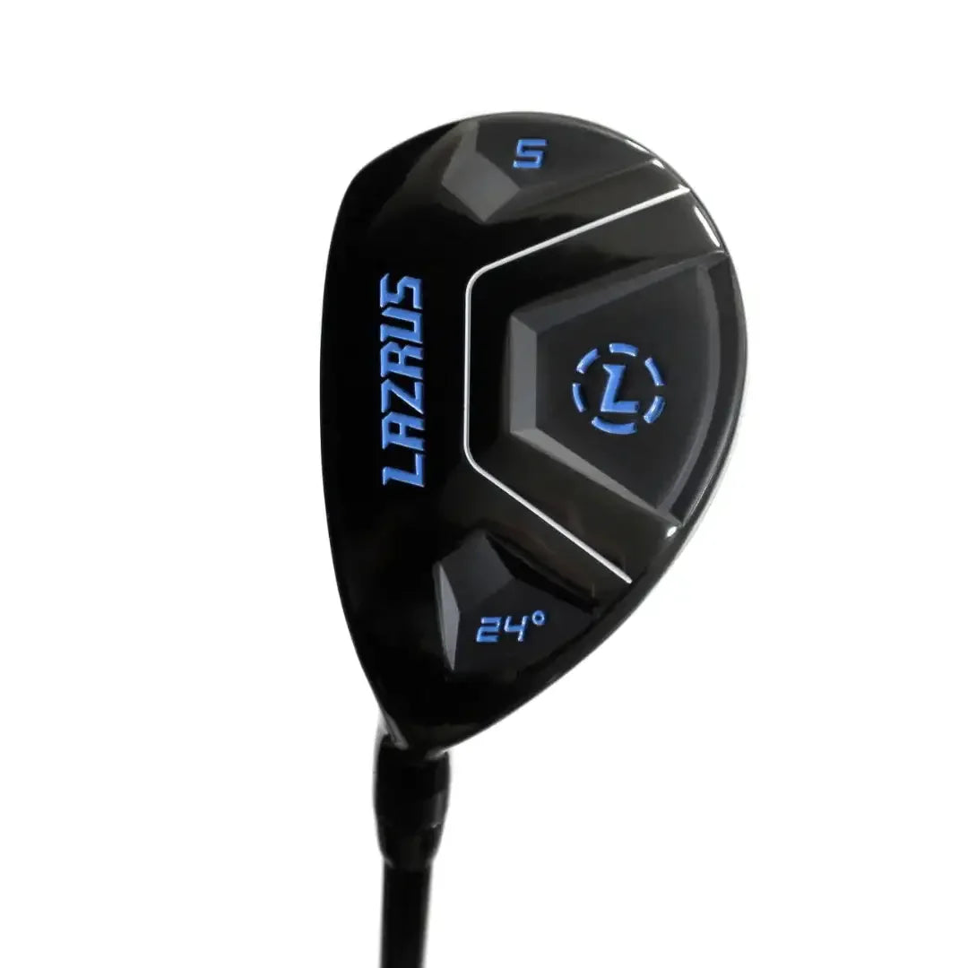 Lazrus 24° black golf hybrid club with blue accents and loft angle marked