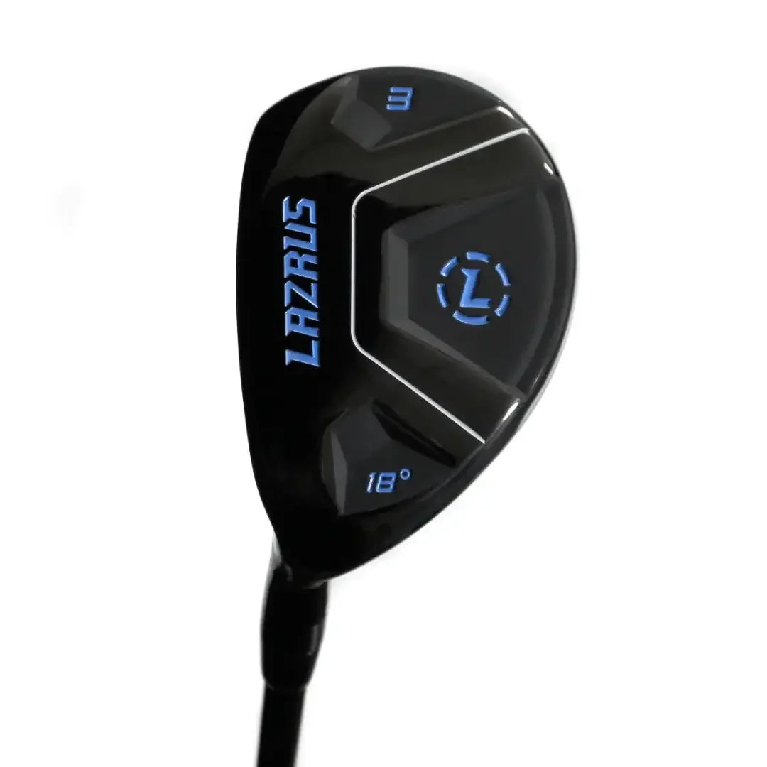 Lazrus 3 hybrid golf club with 18-degree loft, black finish, and blue lettering