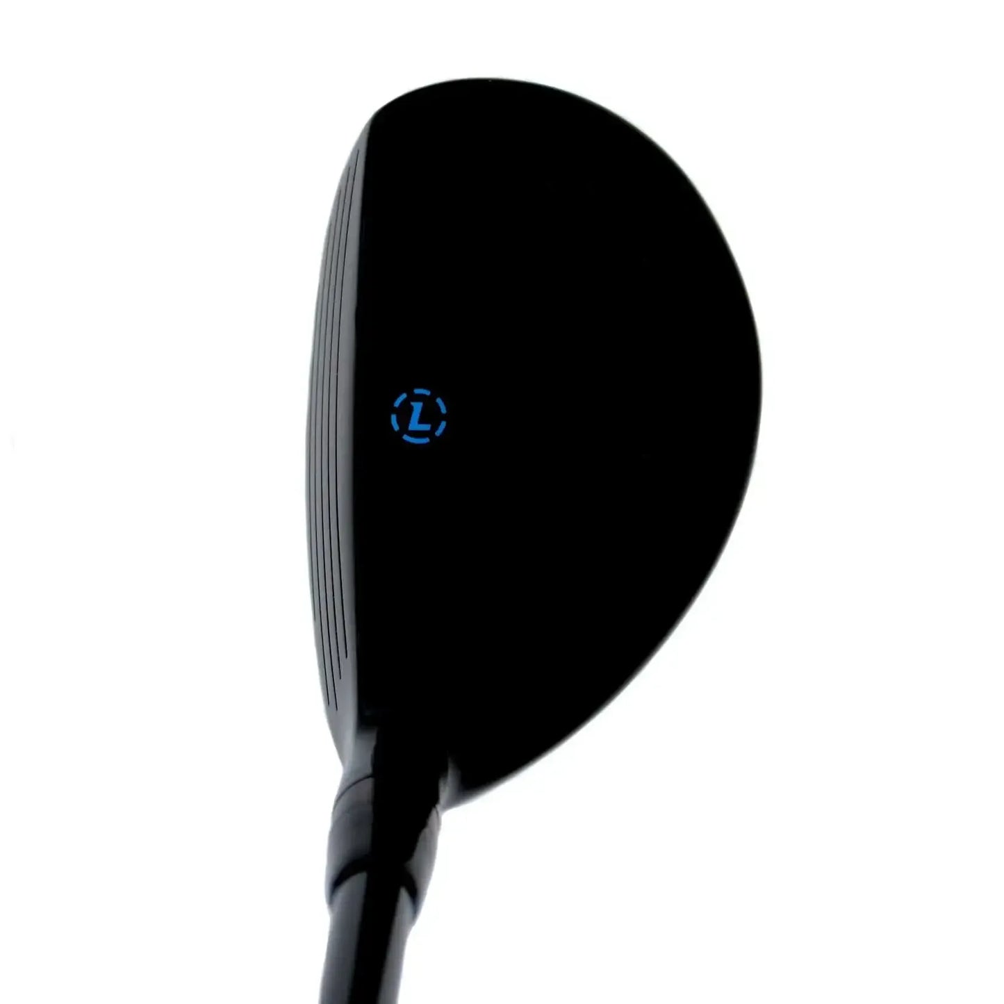 Black Lazrus golf hybrid club head with blue Z logo on white background