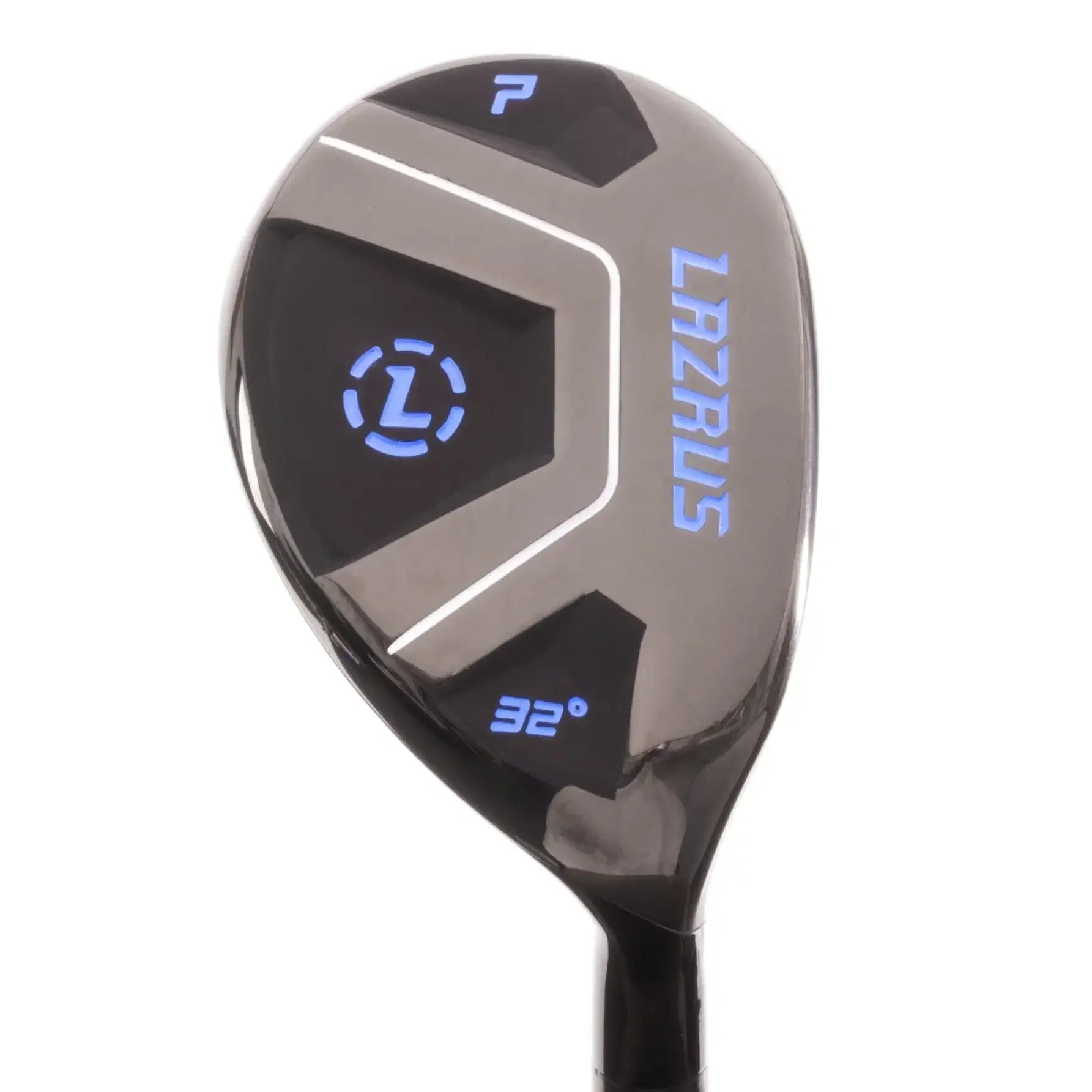 Black Lazrus hybrid golf club with 32° loft and blue logo on white background