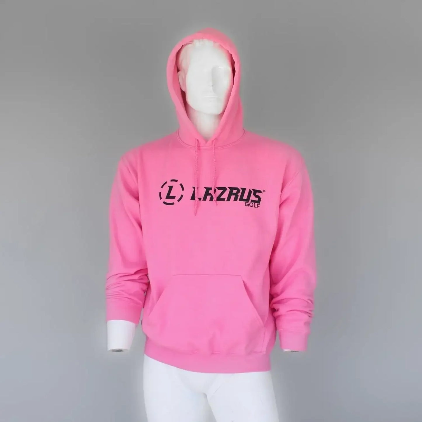 Pink Lazarus Golf hoodie with front pocket on white mannequin against gray background