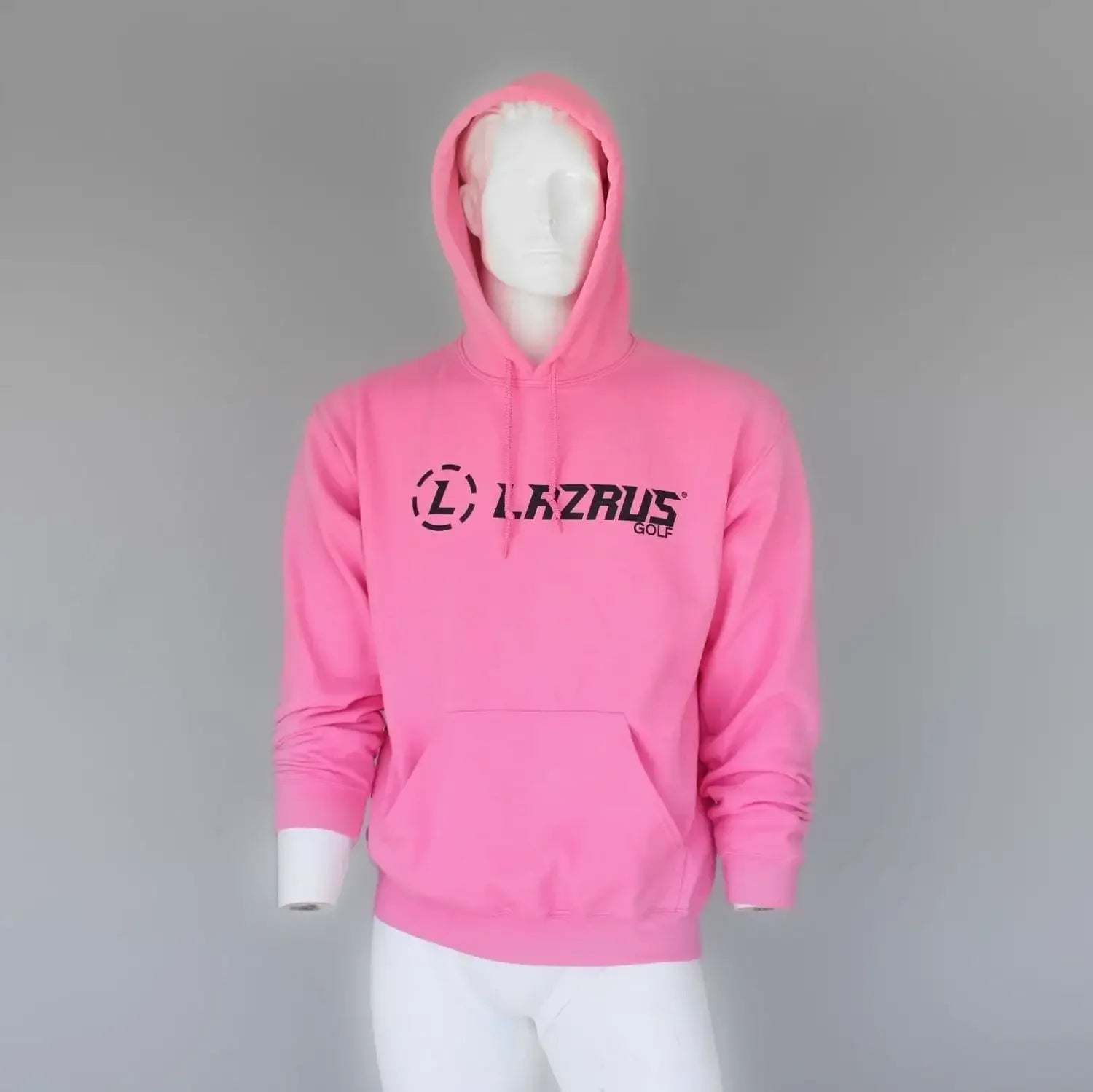 Pink Lazarus Golf hoodie with front pocket on white mannequin against gray background