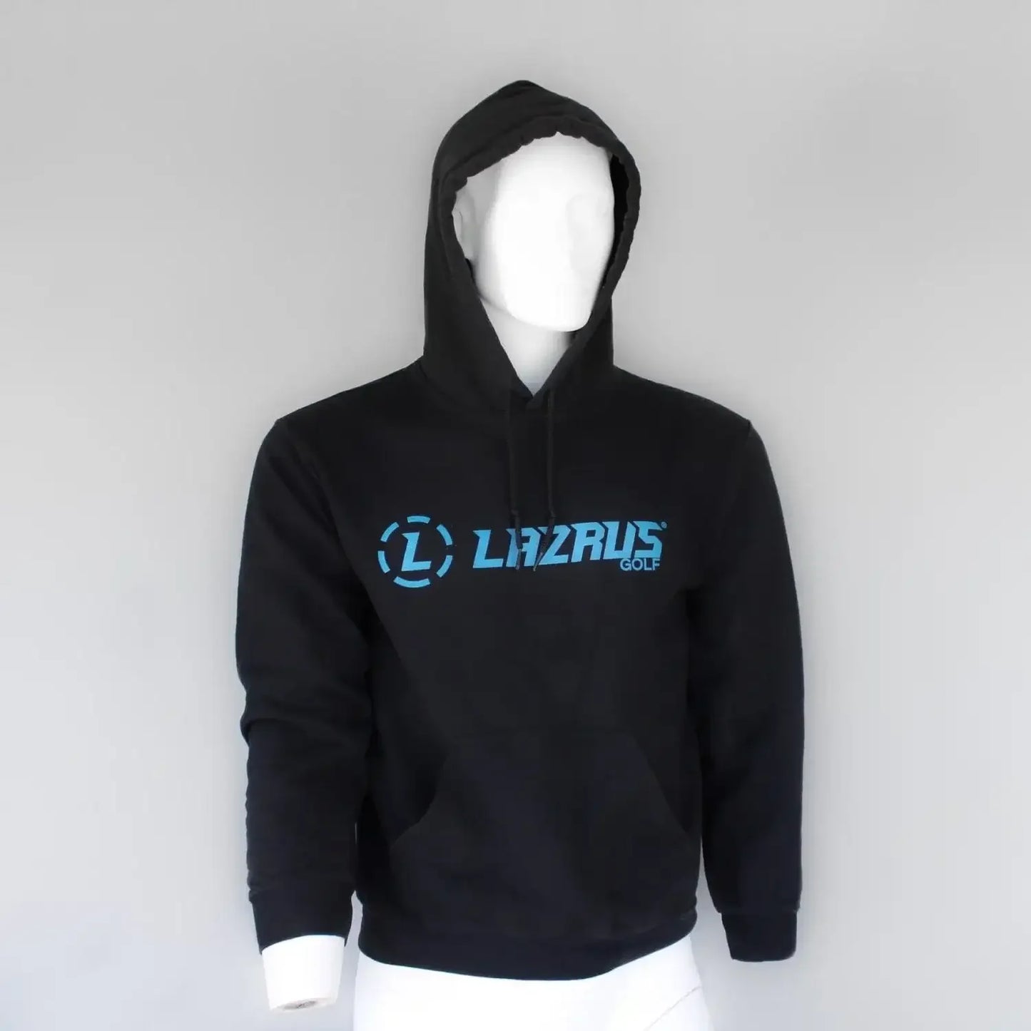 Black Lazrus Golf hoodie with blue logo on mannequin against gray background