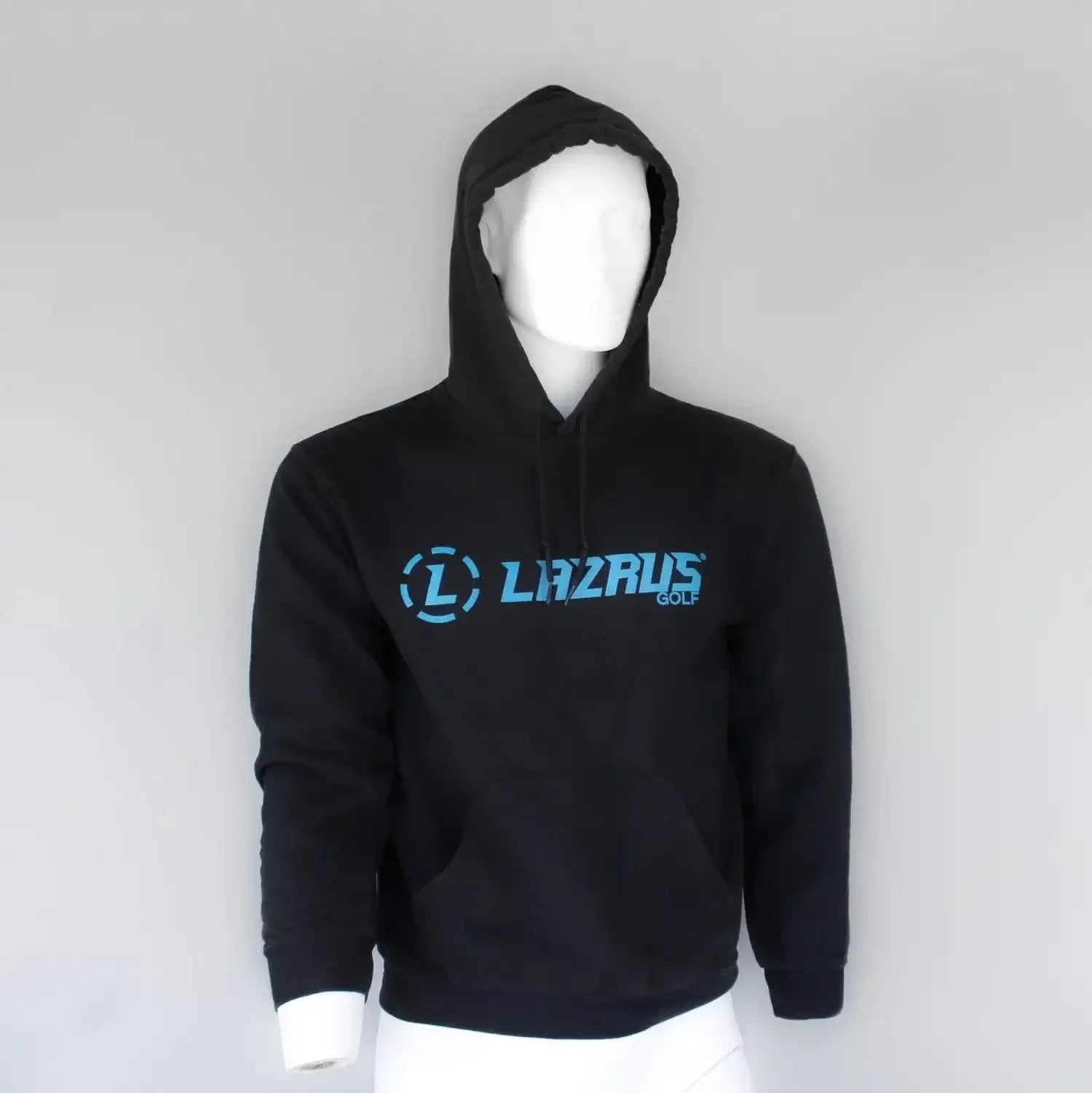 Black Lazrus Golf hoodie with blue logo on mannequin against gray background