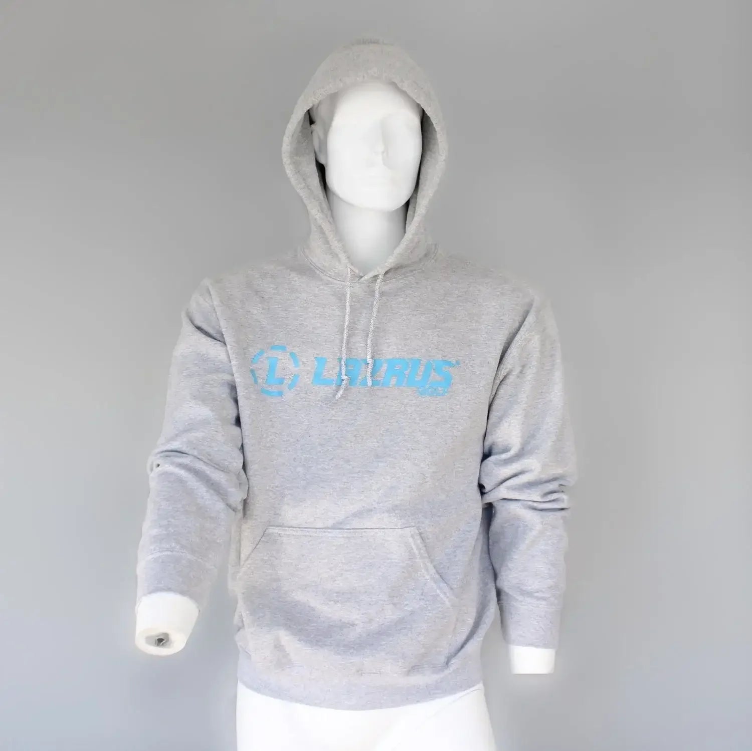Gray Lazrus Golf hoodie sweatshirt with blue logo on front, displayed on white mannequin