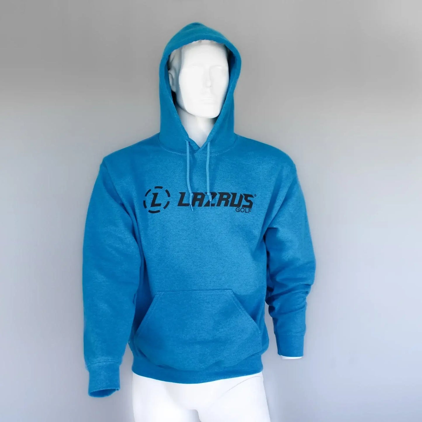 Blue Lazrus Golf hoodie on white mannequin with front pocket and hood