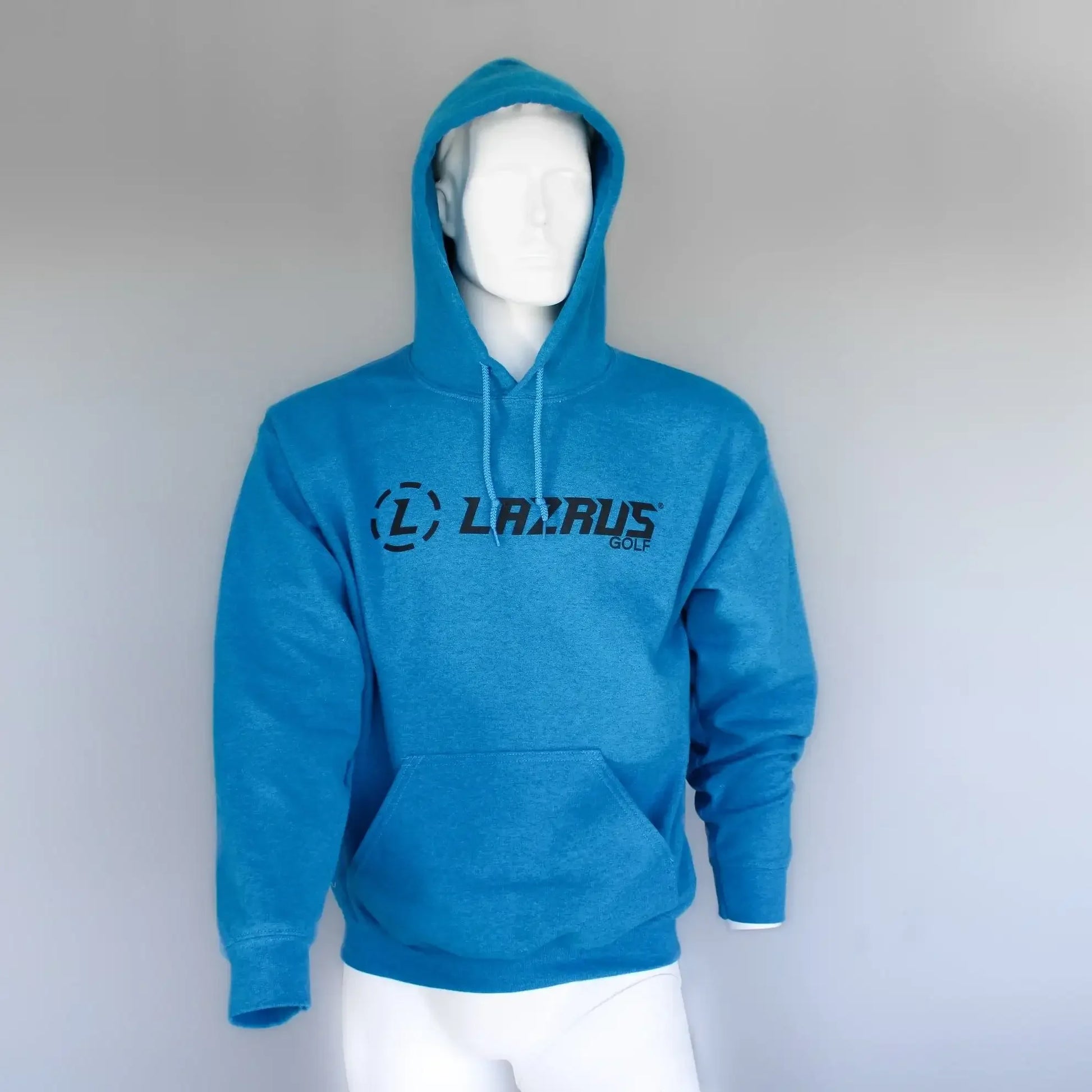 Blue Lazrus Golf hoodie on white mannequin with front pocket and hood