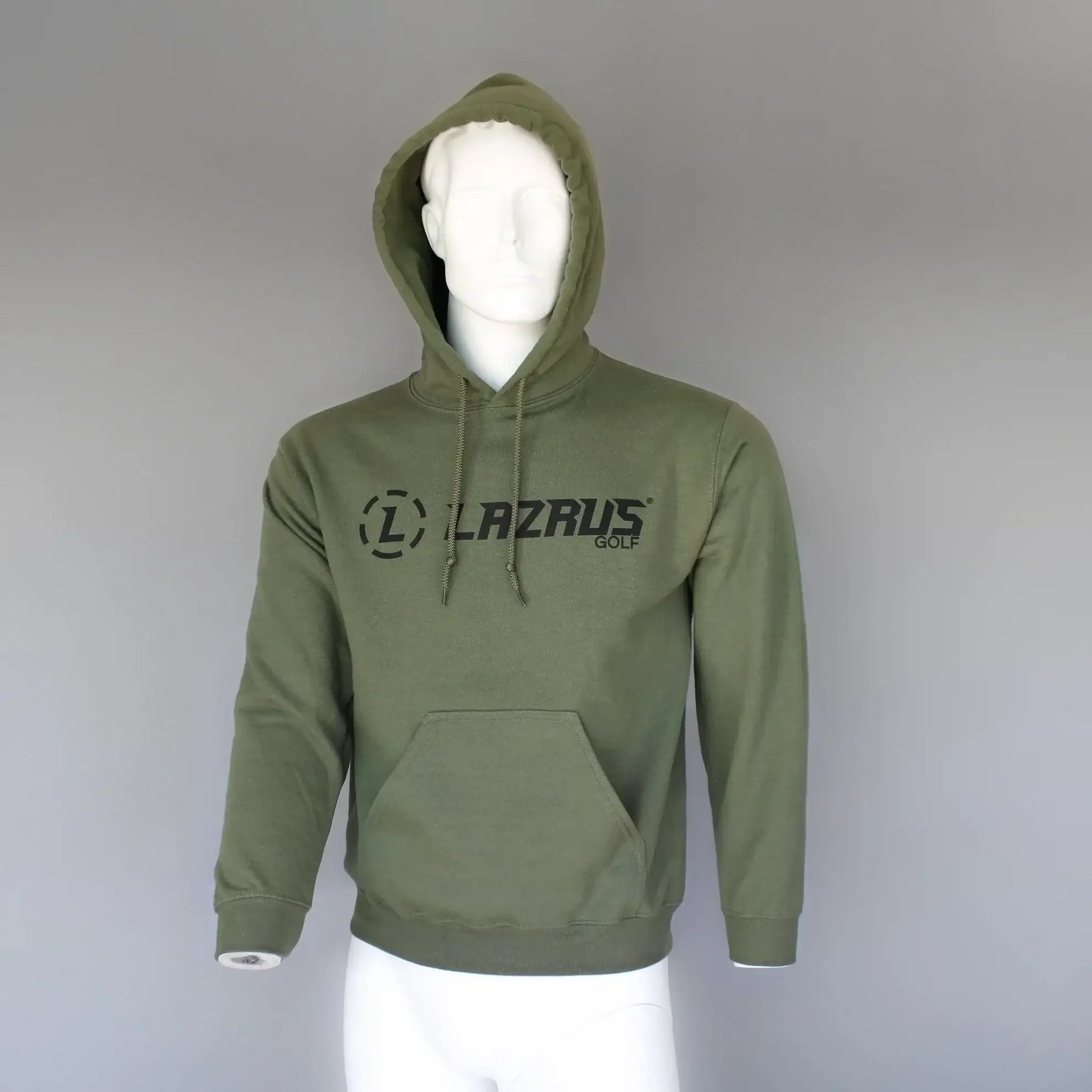 Olive green Lazrus Golf hooded sweatshirt on white mannequin with front pocket and drawstrings