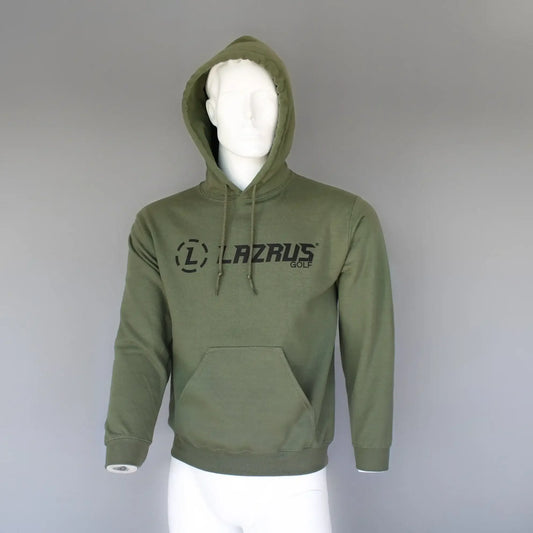 Olive green Lazrus Golf hooded sweatshirt on white mannequin with front pocket and drawstrings