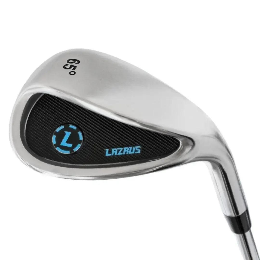 Lazrus 65-degree wide sole sand wedge golf club with silver and black design