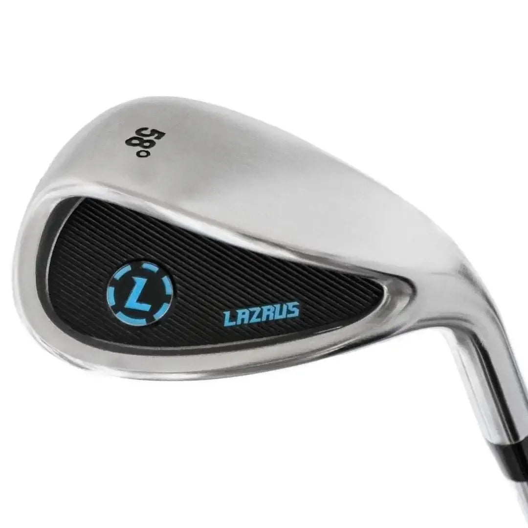Lazrus 58-degree wide sole sand wedge golf club with black and blue logo