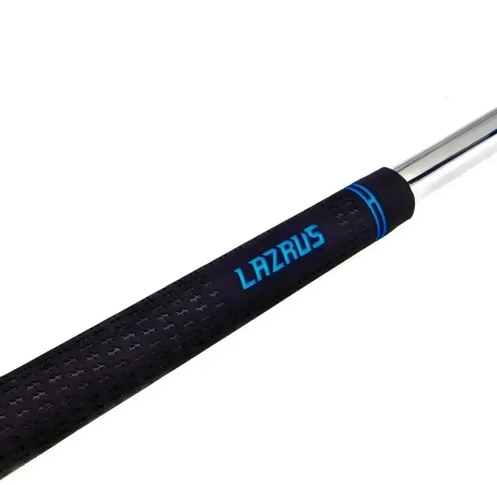 Close-up of black Lazrus golf club grip with blue lettering and textured design