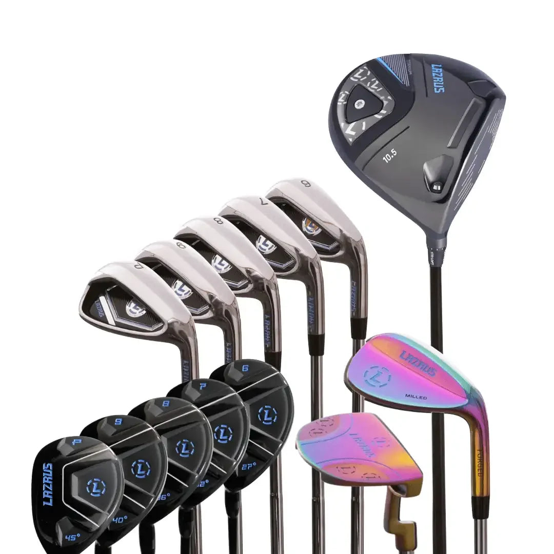 Lazrus 8-piece golf club set with driver, irons, hybrids, wedges, and putter in black and iridescent finish