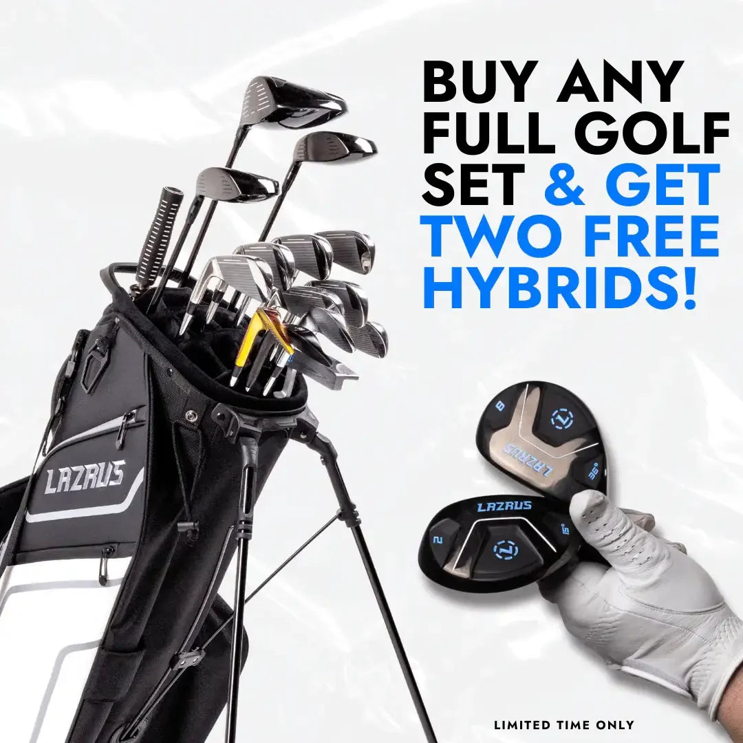 Lazrus golf full set with bag and clubs plus two free hybrid clubs offer, white background